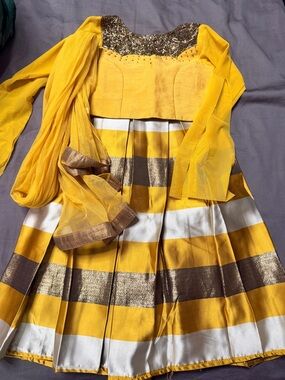 Ethnic Indian Wear Yellow and Gold Striped Girls Party Lehenga Set